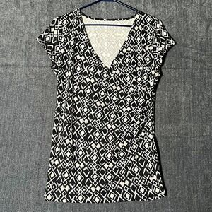 Merona Women's S Black White Geometric V-Neck Cap Sleeve Knit Wrap Top